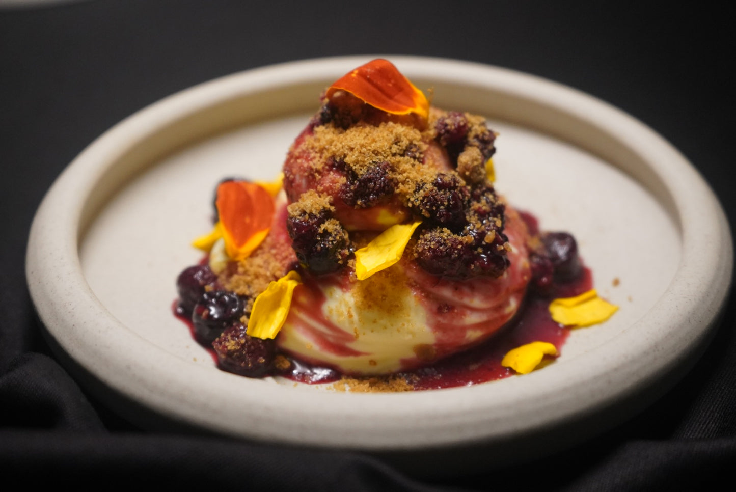 Deconstructed Cheesecake, Mixed Berries Compote & Rye Honey Crumble