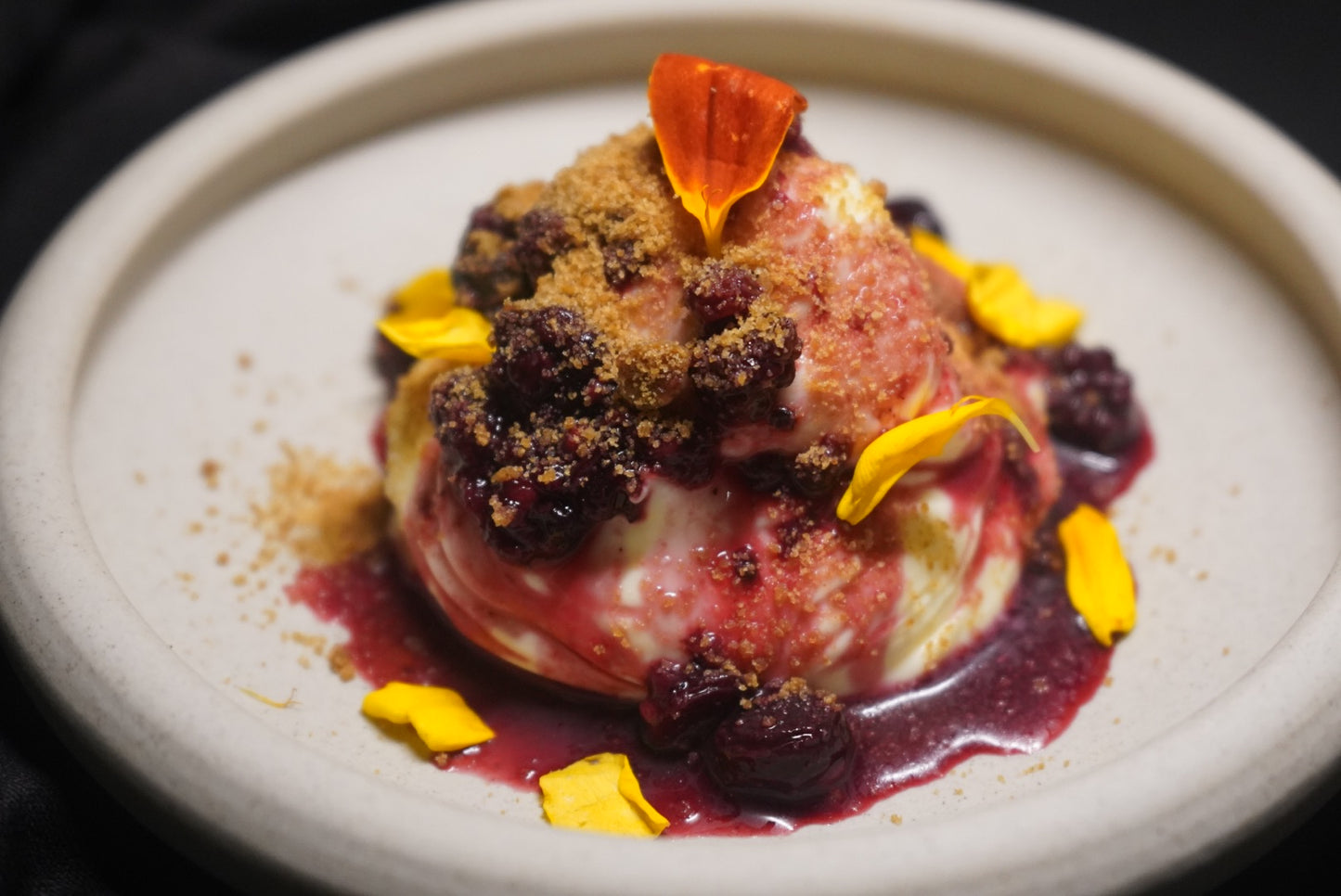 Deconstructed Cheesecake, Mixed Berries Compote & Rye Honey Crumble